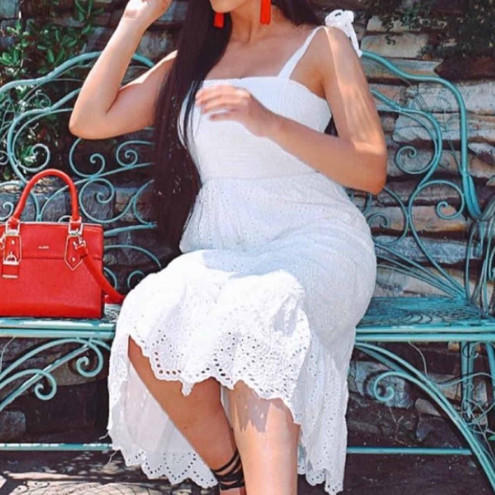 Pink lily midi white eyelet dress